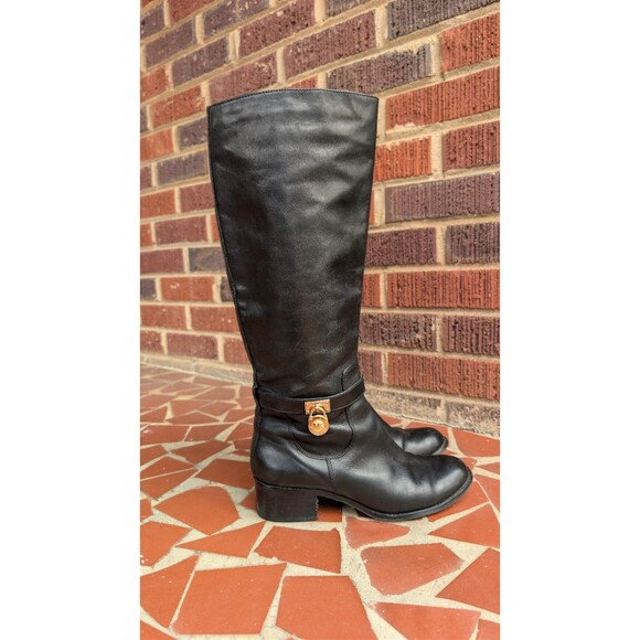 Michael Kors Hamilton Riding Knee High Boots w/Gold MK Logo Charm -Black- 8M - Picture 2 of 10